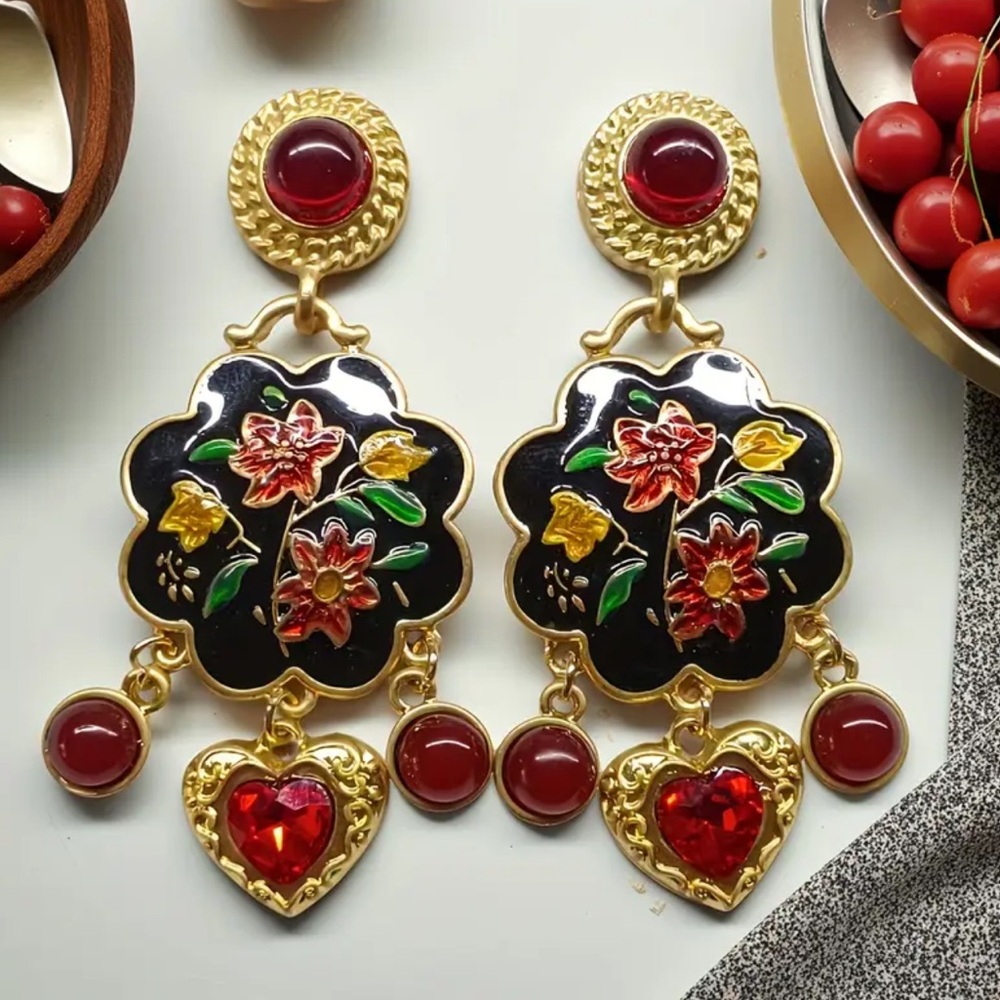 New Floral Gold and Red Dangle Earrings